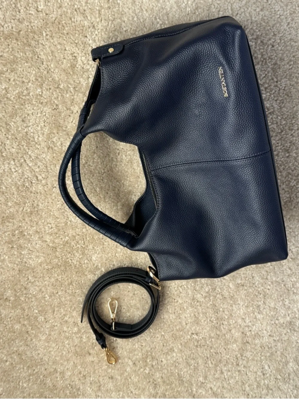 NWOT Bostanten Navy Pebbled Leather Shoulder Bag with Removable Strap - Picture 10 of 13